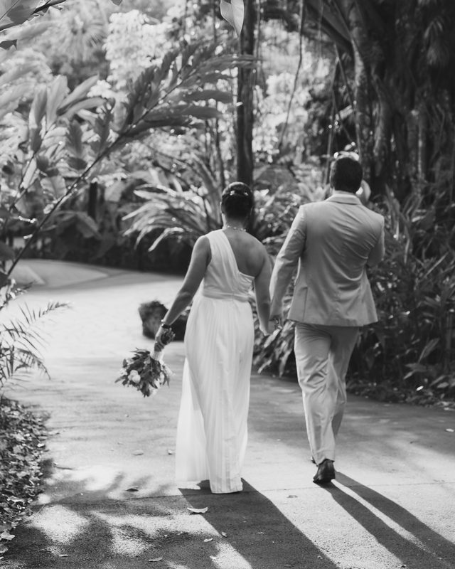 Walking away along a garden path, black and white