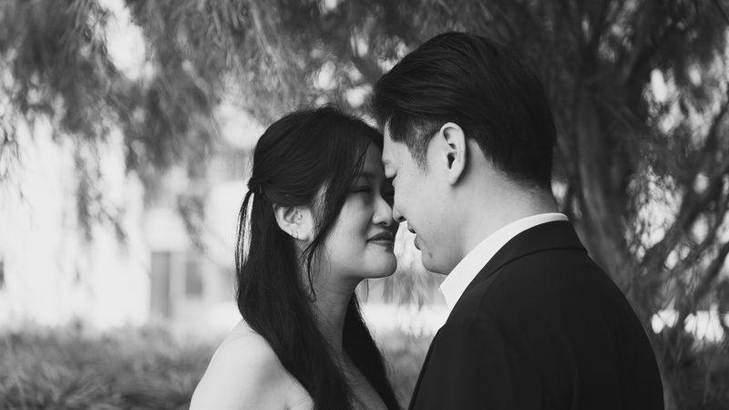 Foreheads touching beneath a willow, black and white